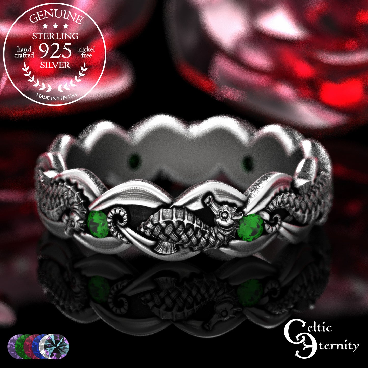 Woman's Sterling Seahorse Wedding Band with Sapphires, 2104
