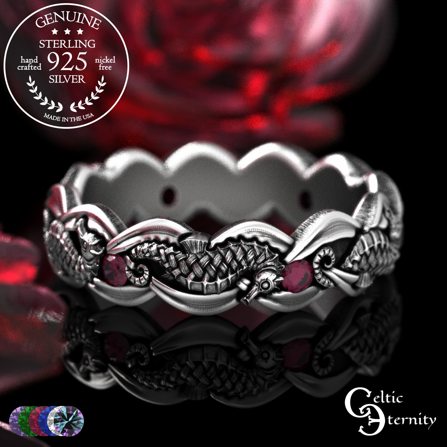 Woman's Sterling Seahorse Wedding Band with Sapphires, 2104