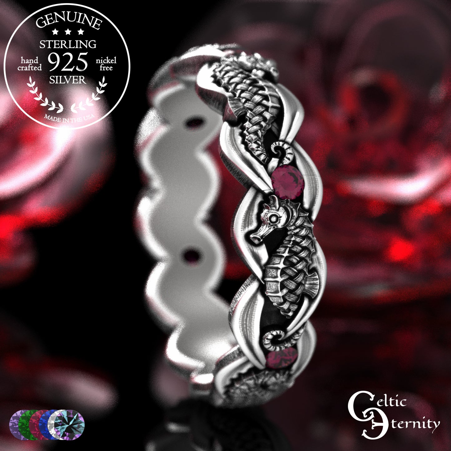 Woman's Sterling Seahorse Wedding Band with Sapphires, 2104