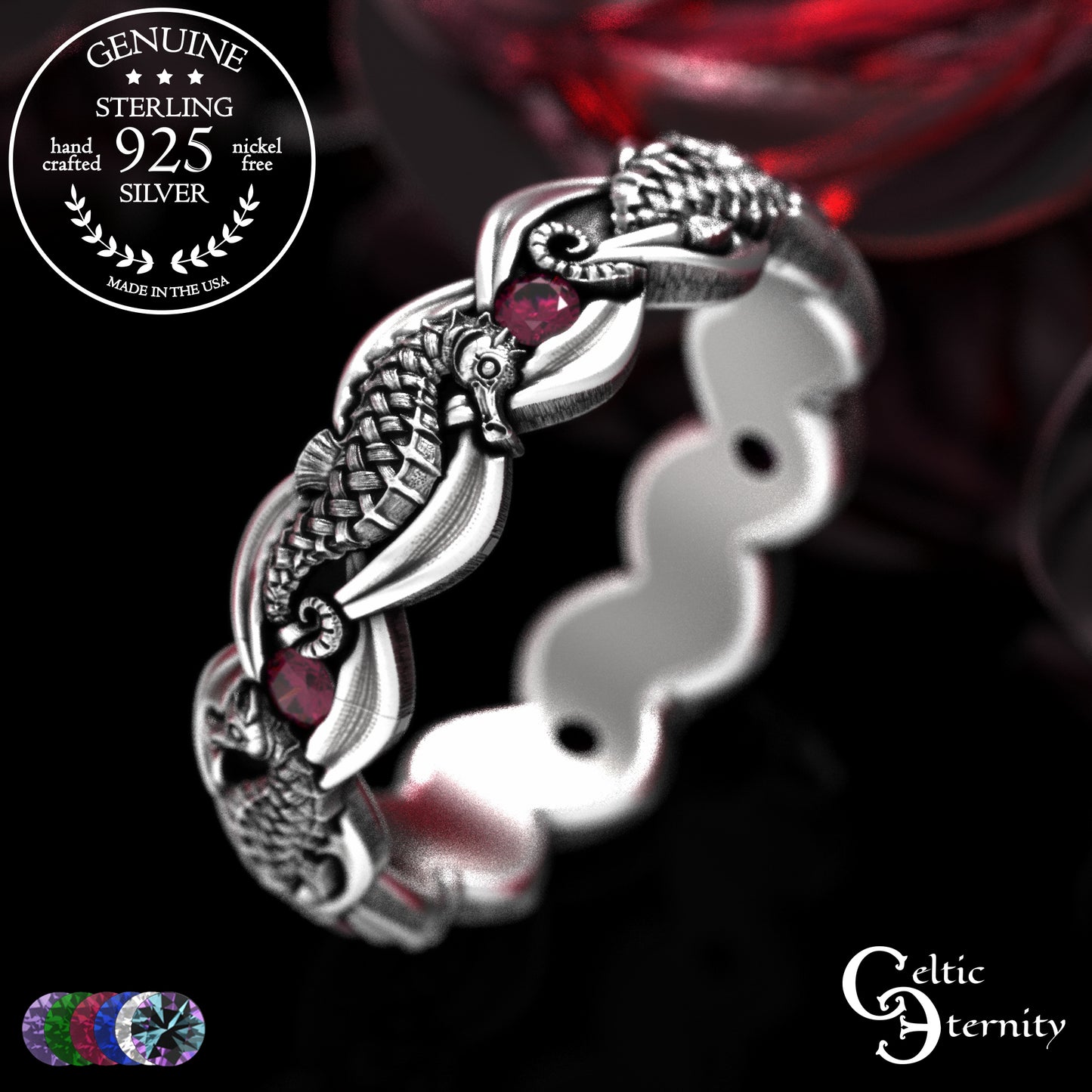 Woman's Sterling Seahorse Wedding Band with Sapphires, 2104