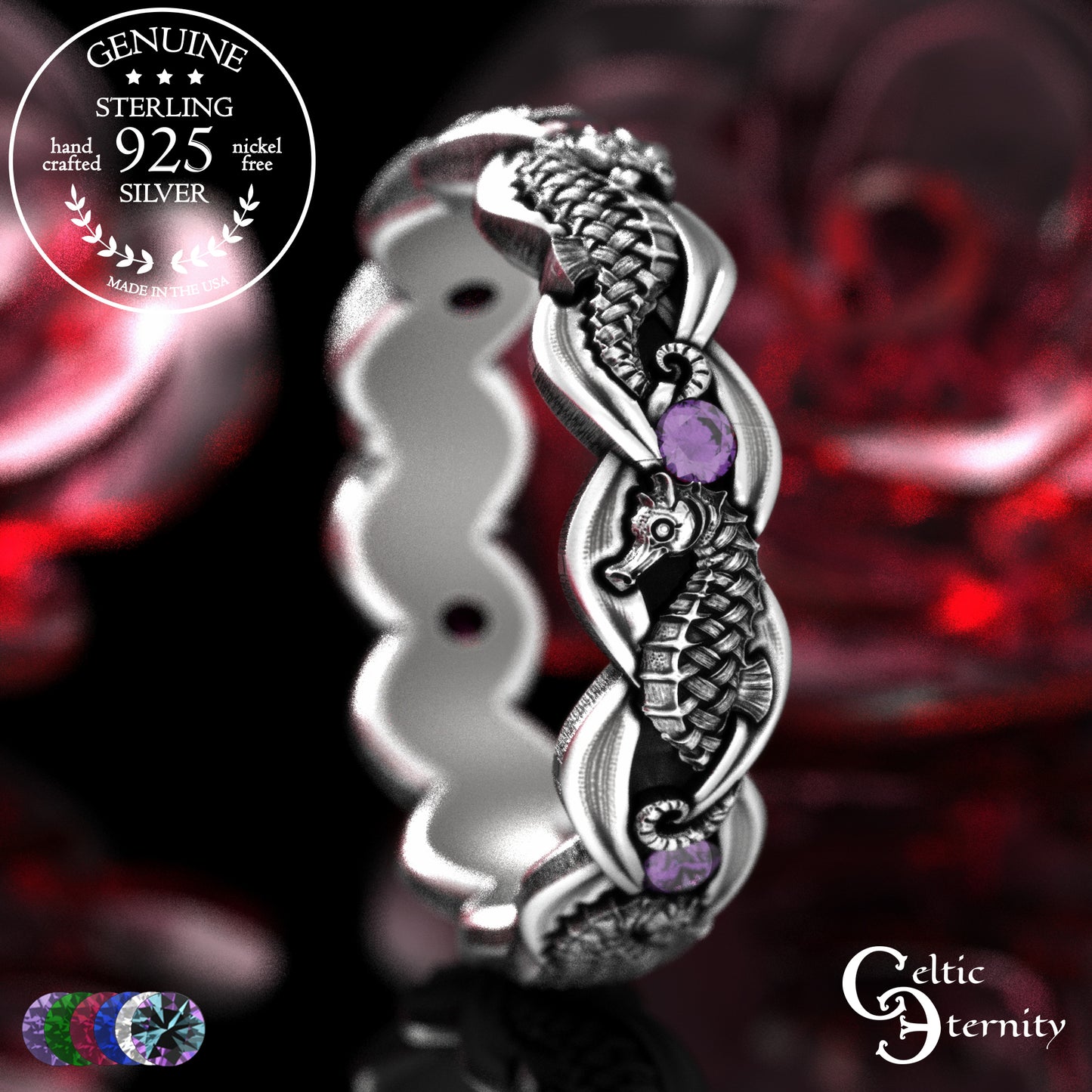 Woman's Sterling Seahorse Wedding Band with Sapphires, 2104