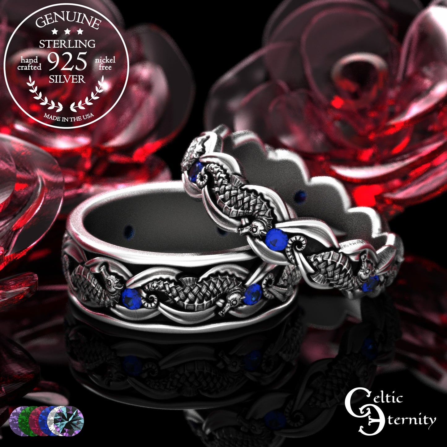 Sterling Silver Seahorse Matching Wedding Band Set - Marine Life, 2104 2105