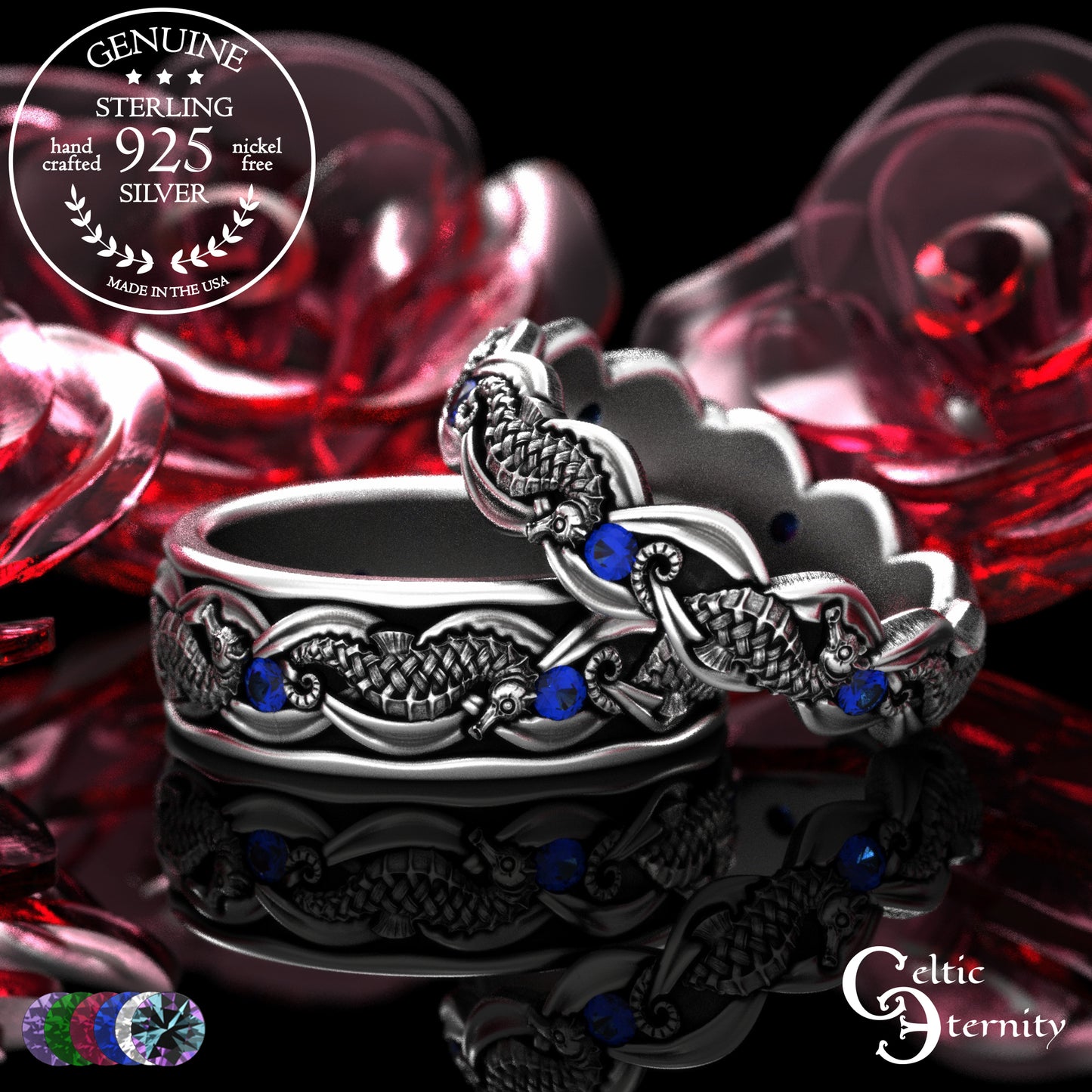Sterling Silver Seahorse Matching Wedding Band Set - Marine Life, 2104 2105