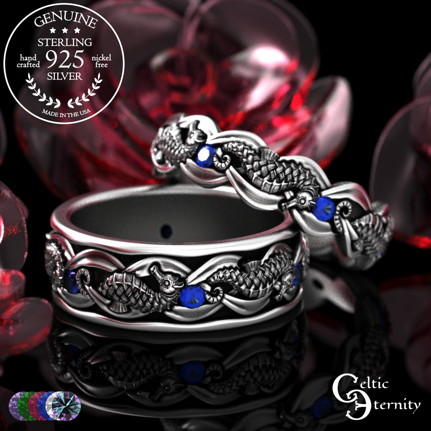 Sterling Silver Seahorse Matching Wedding Band Set - Marine Life, 2104 2105