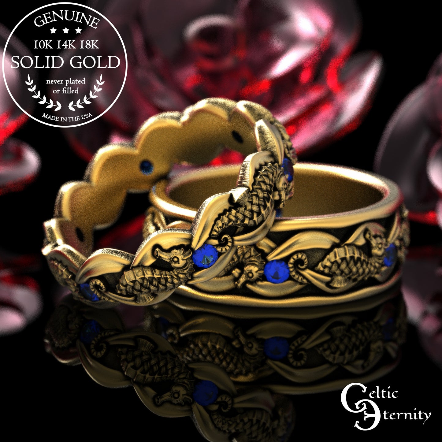 Sterling Men's Seahorse Wedding Band with Sapphire, 2105