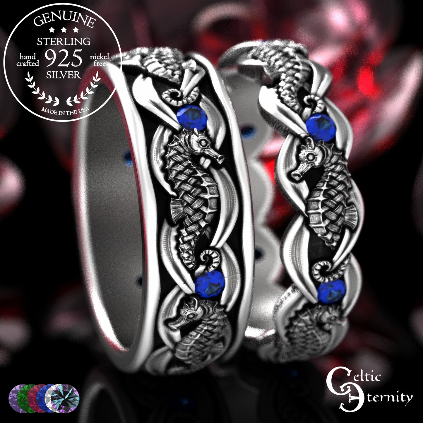 Sterling Silver Seahorse Matching Wedding Band Set - Marine Life, 2104 2105