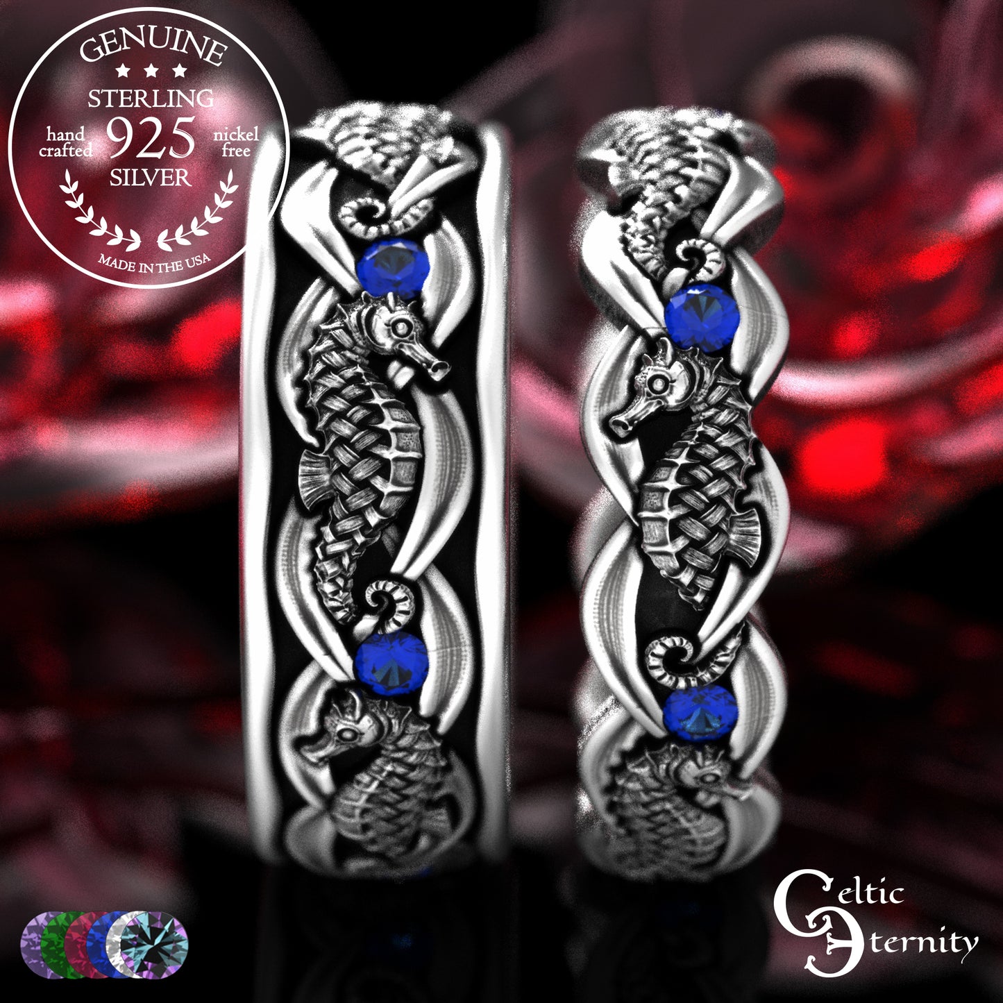 Sterling Silver Seahorse Matching Wedding Band Set - Marine Life, 2104 2105