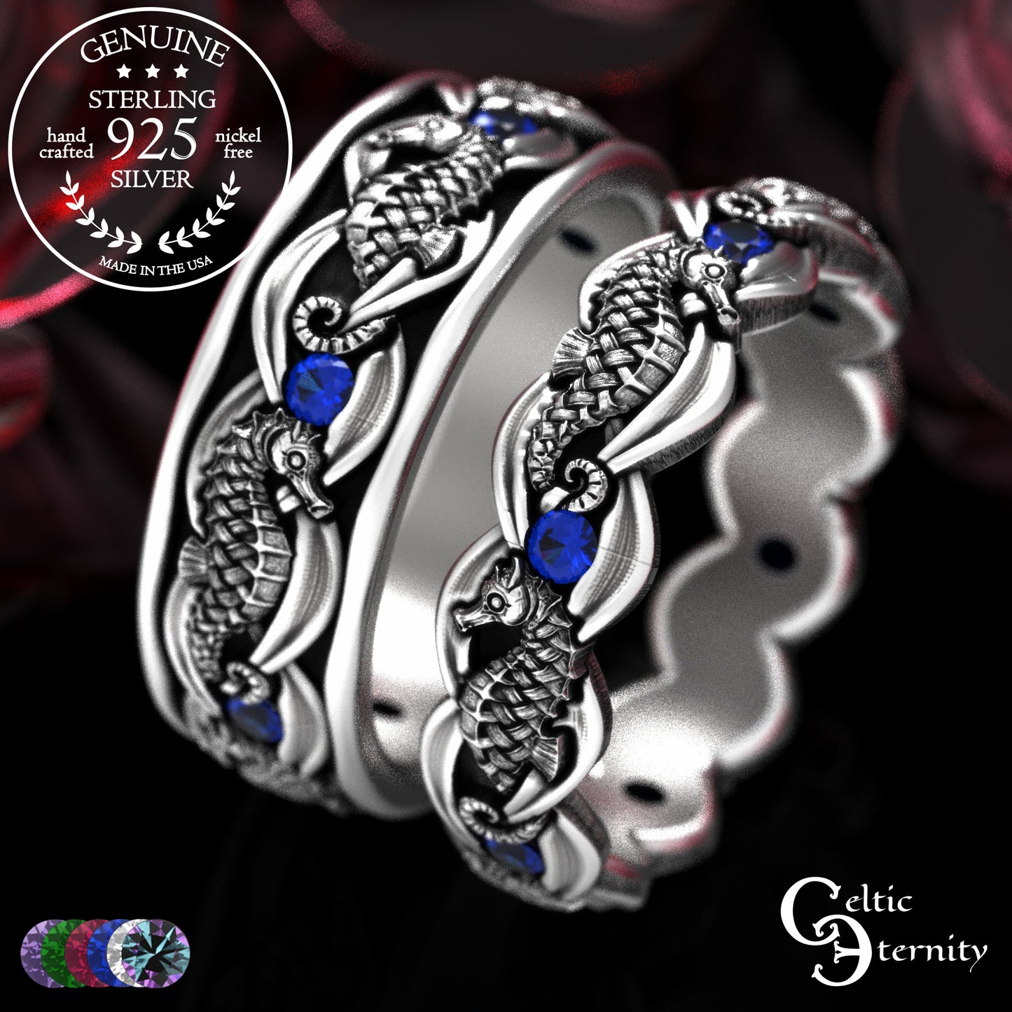 Sterling Silver Seahorse Matching Wedding Band Set - Marine Life, 2104 2105