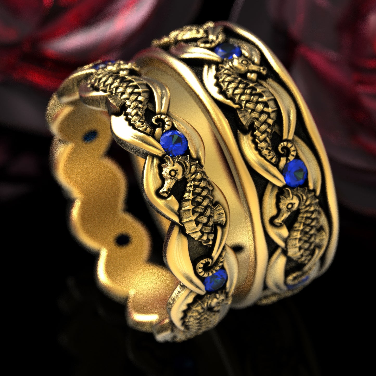 Woman's Sterling Seahorse Wedding Band with Sapphires, 2104