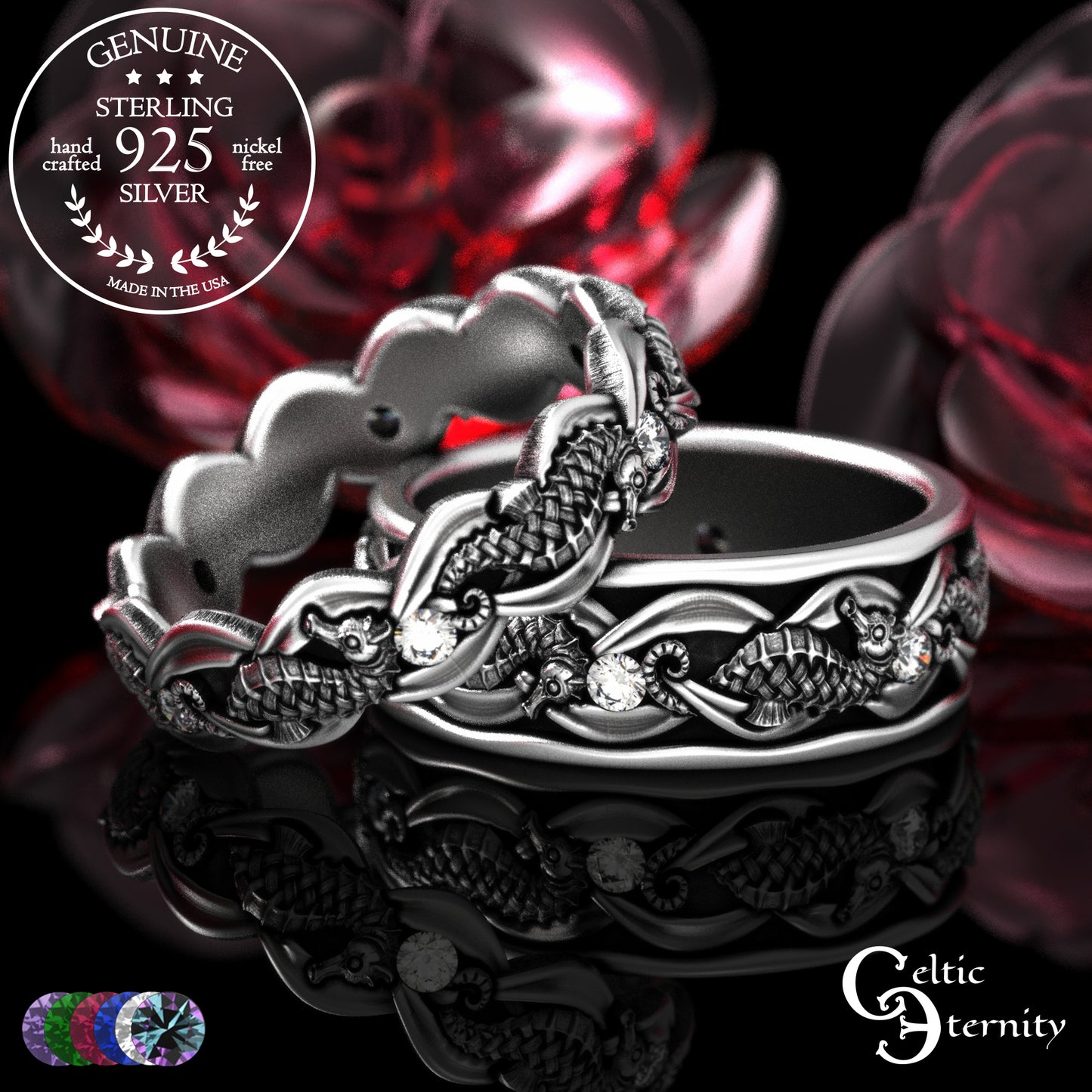 Sterling Silver Seahorse Matching Wedding Band Set - Marine Life, 2104 2105