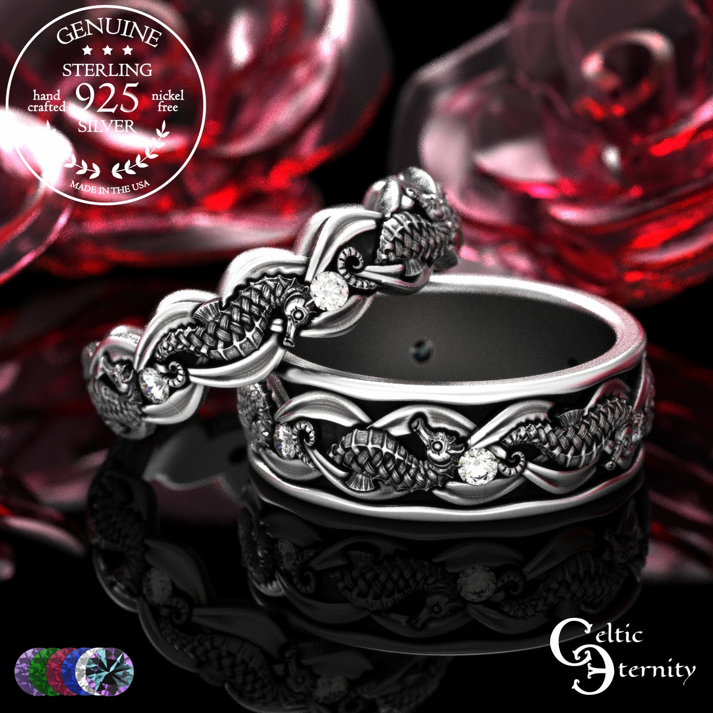 Sterling Silver Seahorse Matching Wedding Band Set - Marine Life, 2104 2105
