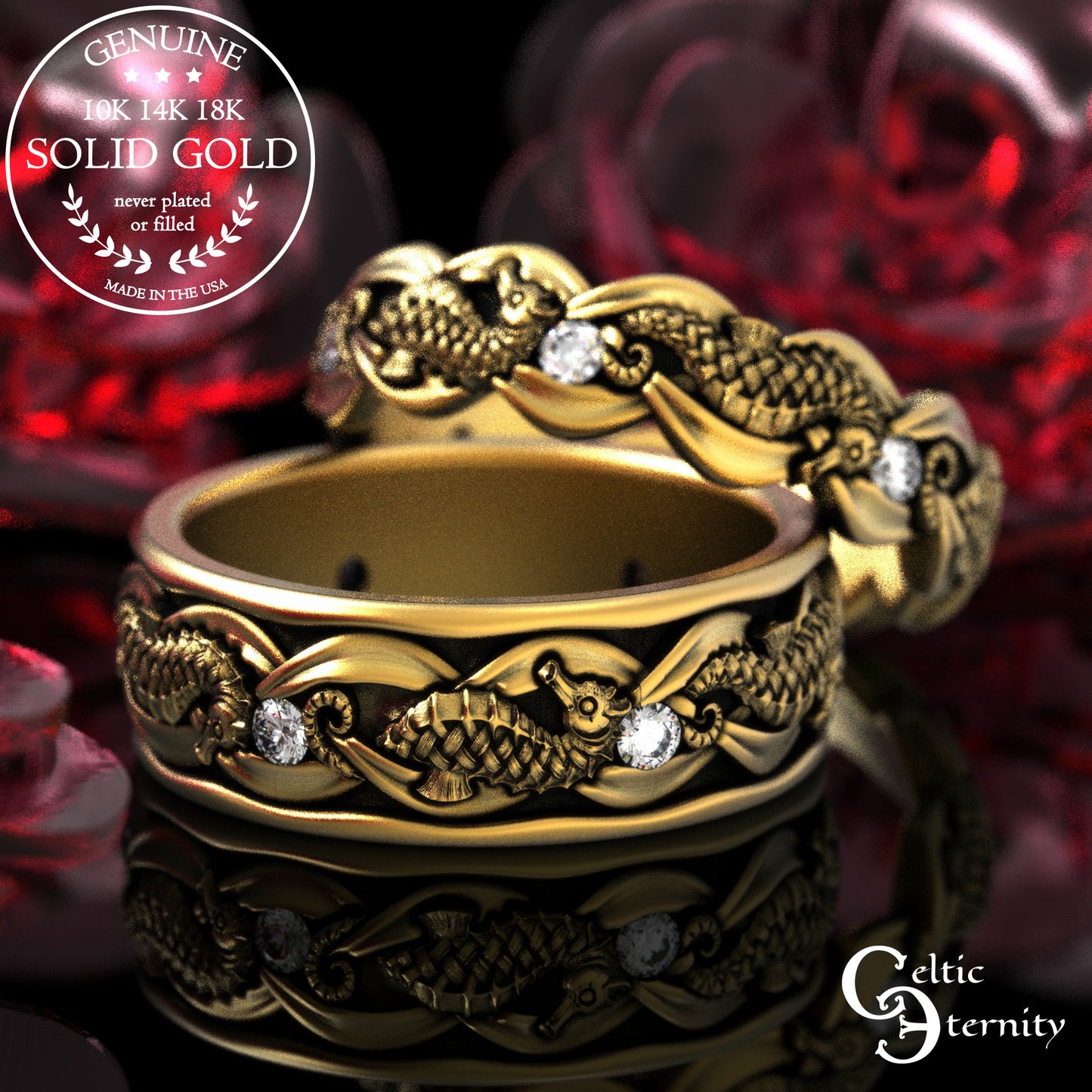 Sterling Silver Seahorse Matching Wedding Band Set - Marine Life, 2104 2105