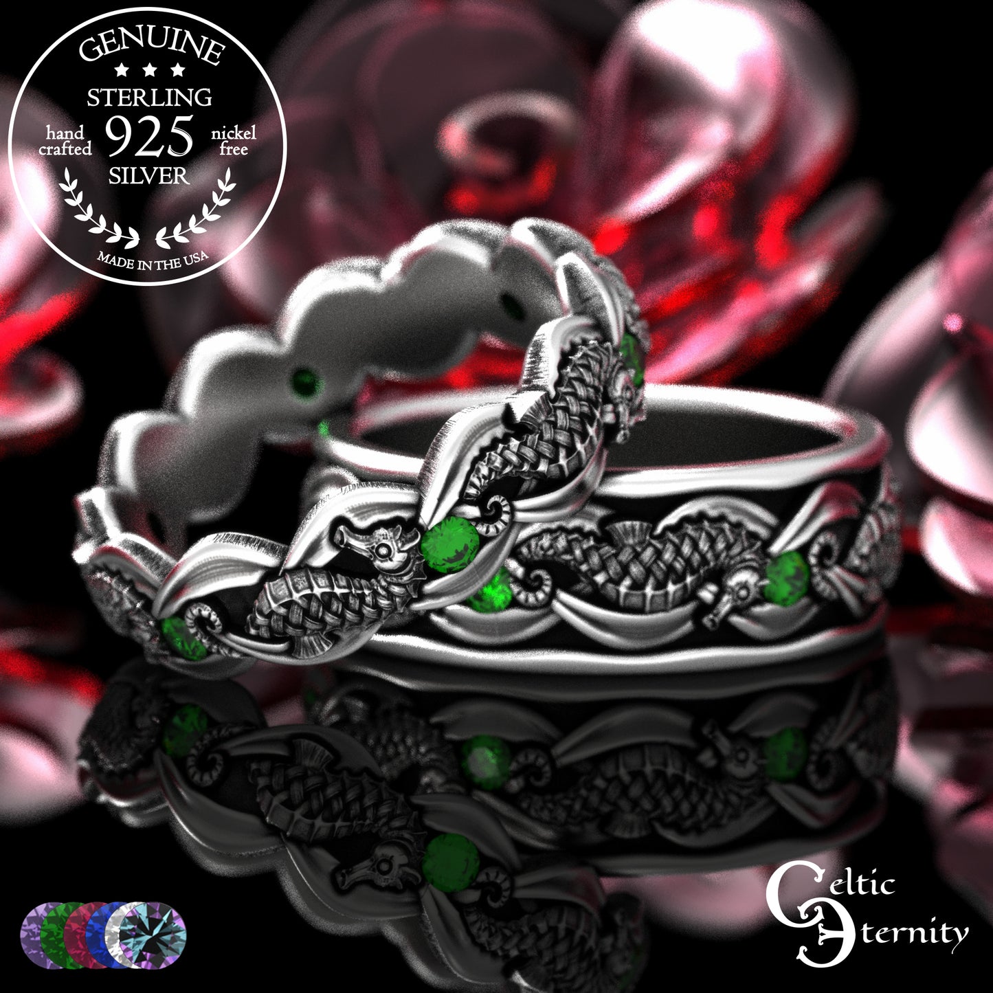 Sterling Silver Seahorse Matching Wedding Band Set - Marine Life, 2104 2105