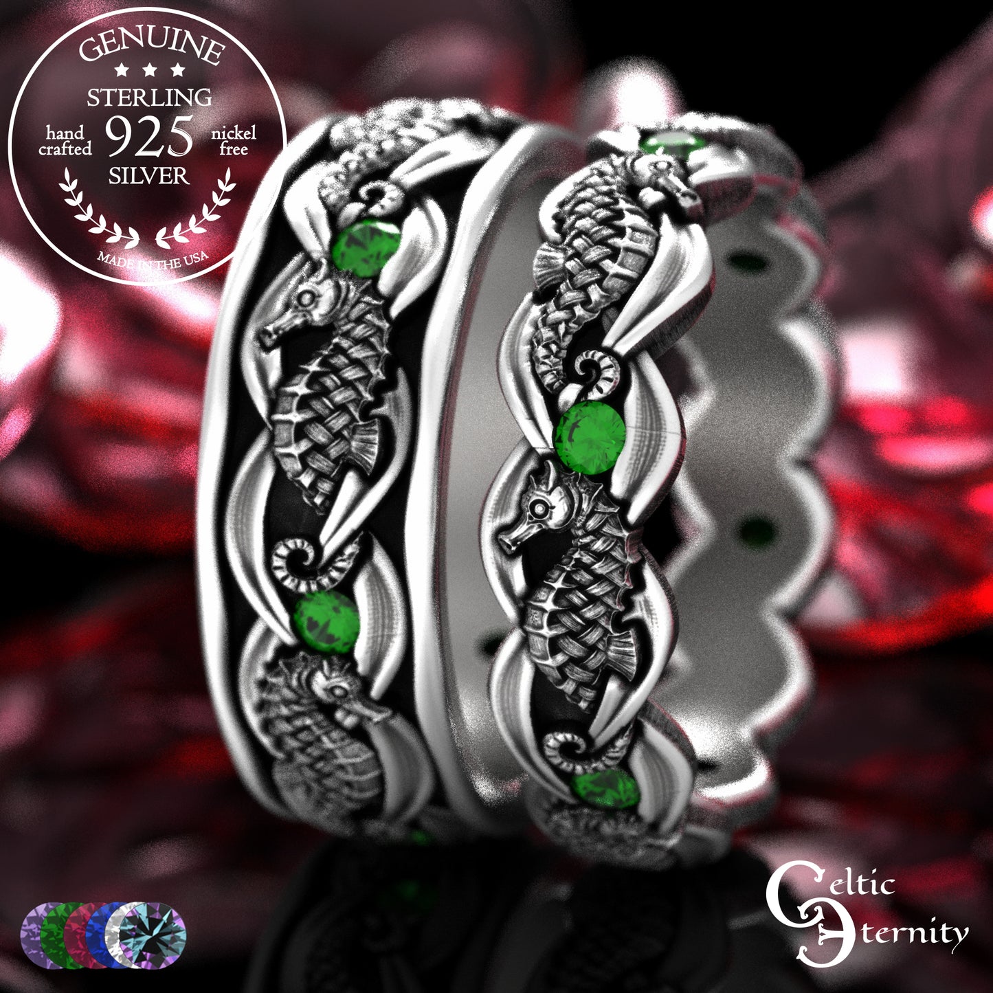 Sterling Silver Seahorse Matching Wedding Band Set - Marine Life, 2104 2105