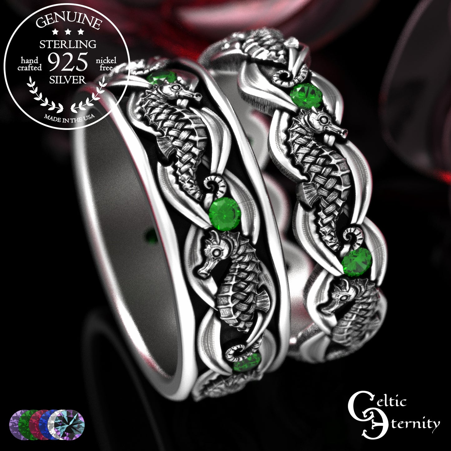 Sterling Silver Seahorse Matching Wedding Band Set - Marine Life, 2104 2105