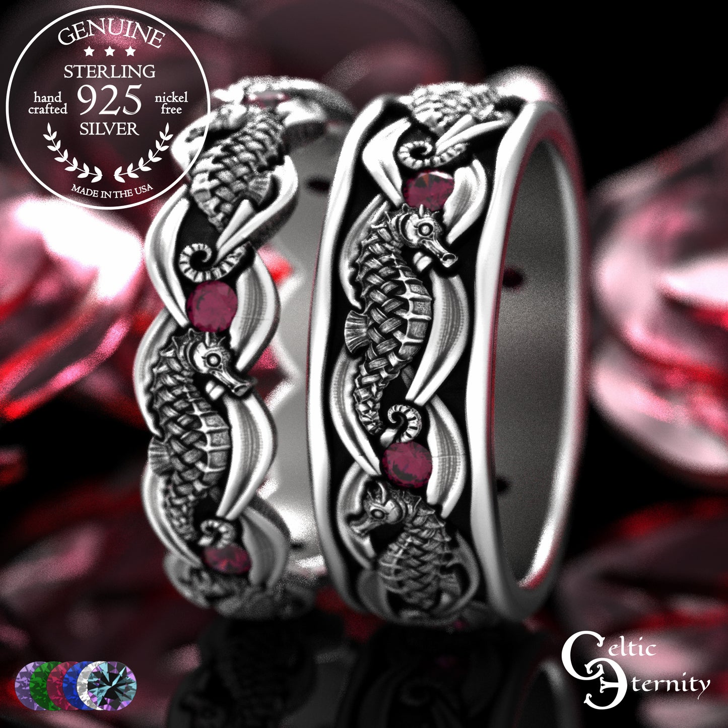 Sterling Silver Seahorse Matching Wedding Band Set - Marine Life, 2104 2105