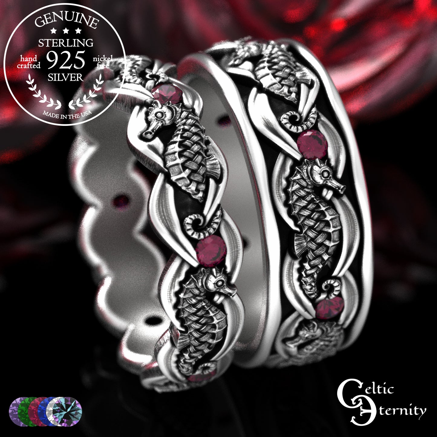 Sterling Silver Seahorse Matching Wedding Band Set - Marine Life, 2104 2105