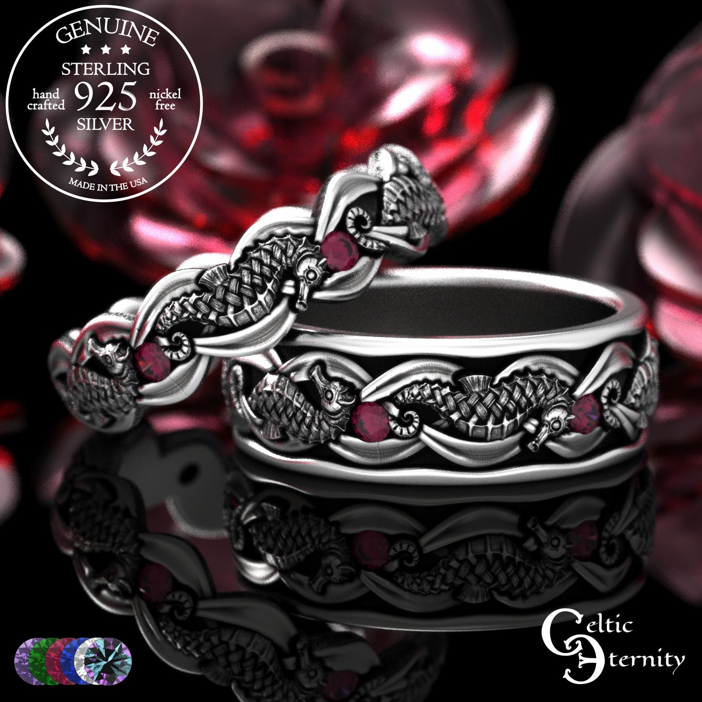 Sterling Silver Seahorse Matching Wedding Band Set - Marine Life, 2104 2105