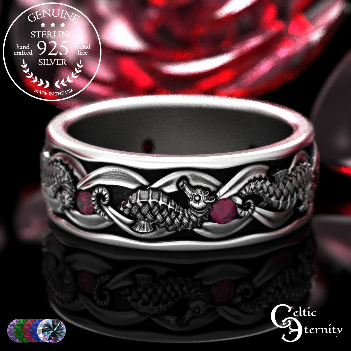 Sterling Men's Seahorse Wedding Band with Sapphire, 2105