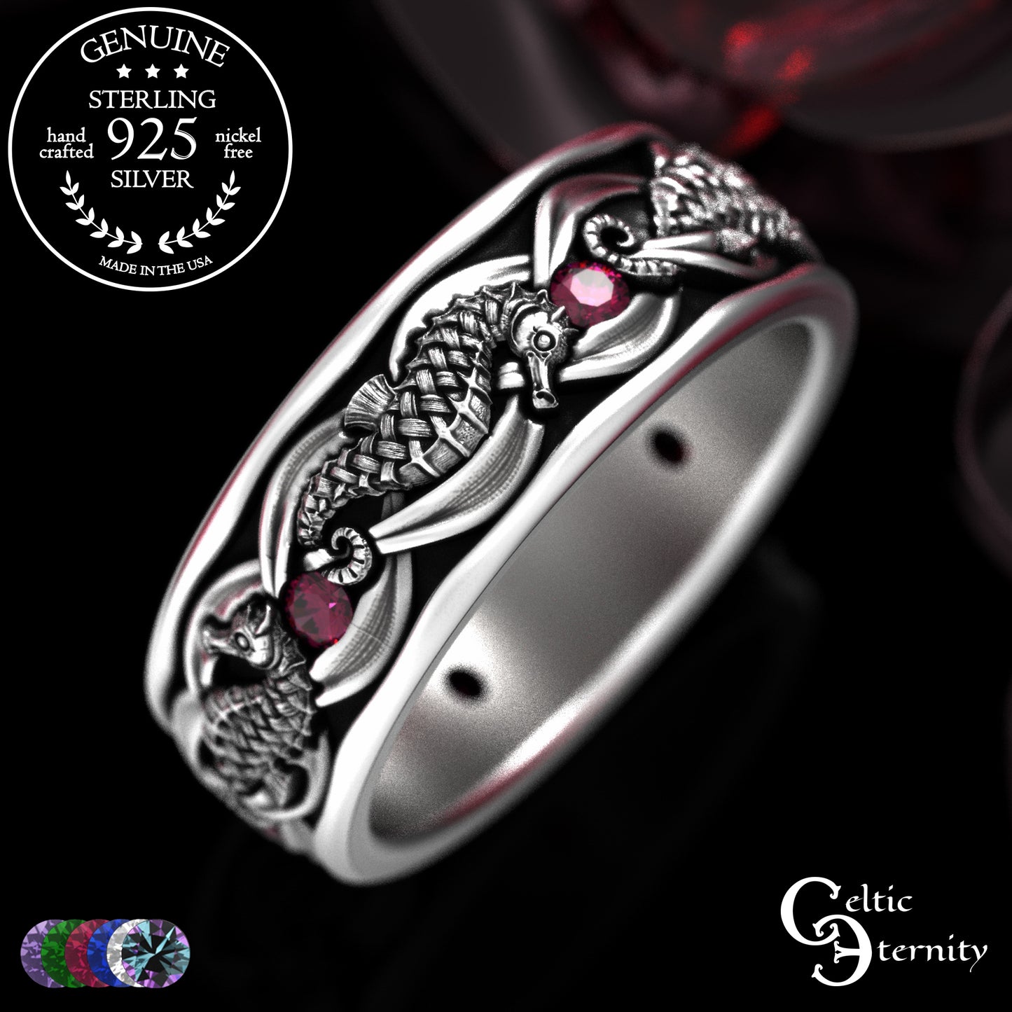 Sterling Men's Seahorse Wedding Band with Sapphire, 2105