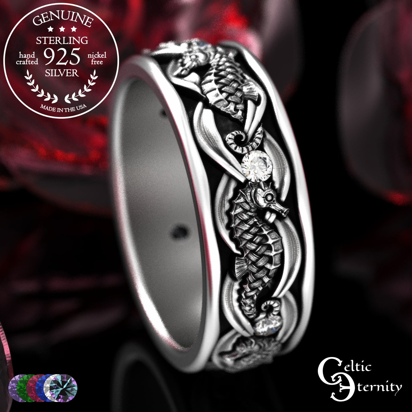 Sterling Men's Seahorse Wedding Band with Sapphire, 2105