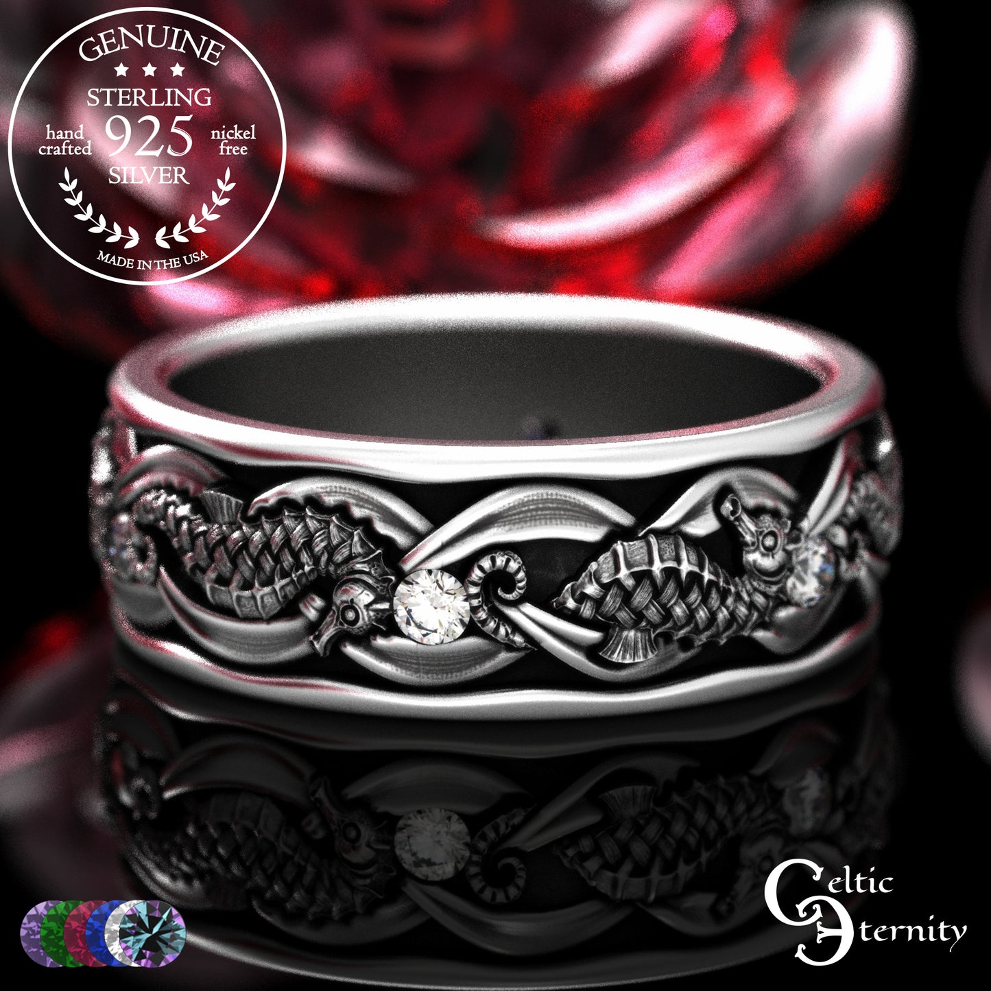 Sterling Men's Seahorse Wedding Band with Sapphire, 2105