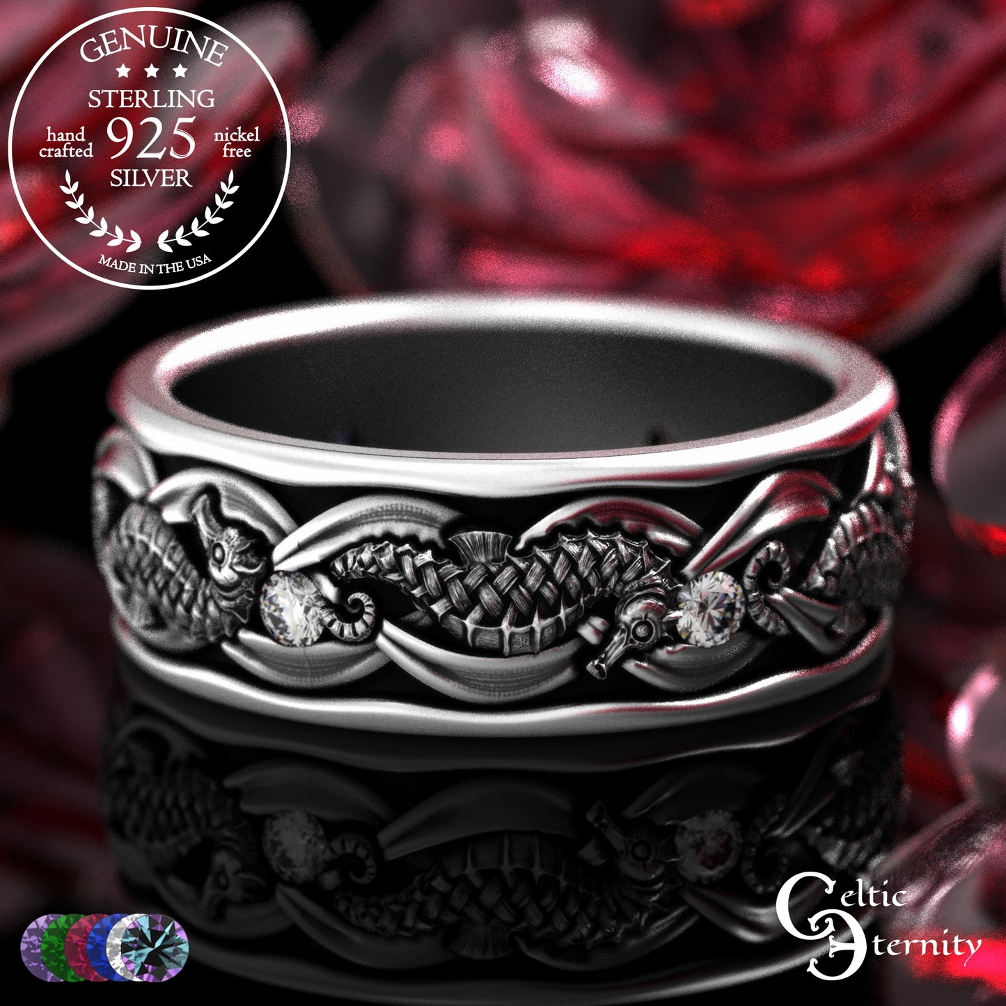 Sterling Men's Seahorse Wedding Band with Sapphire, 2105