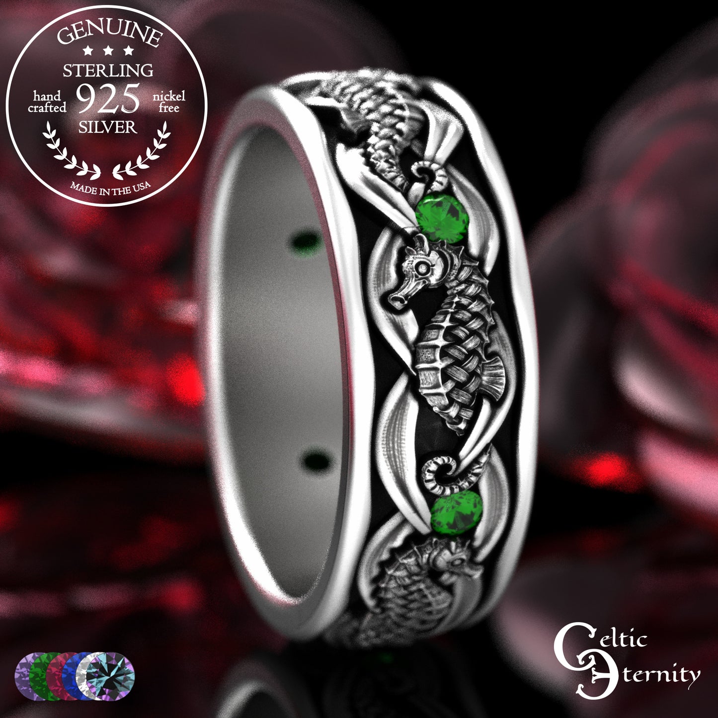 Sterling Men's Seahorse Wedding Band with Sapphire, 2105