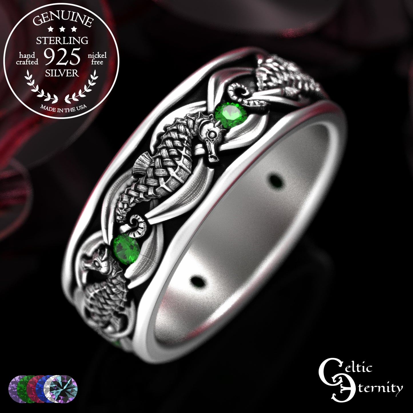 Sterling Men's Seahorse Wedding Band with Sapphire, 2105