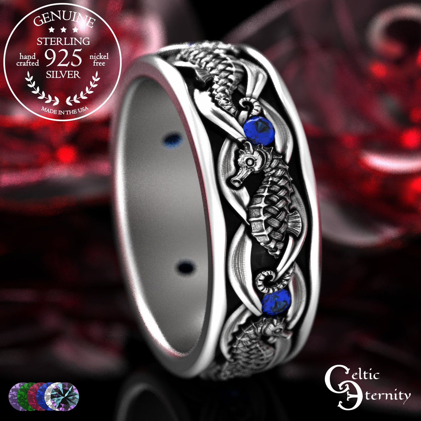 Sterling Men's Seahorse Wedding Band with Sapphire, 2105