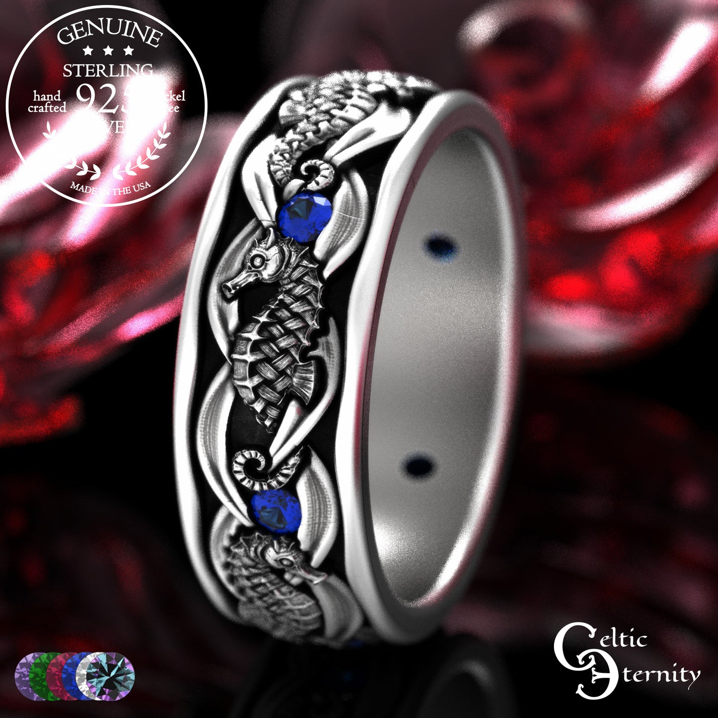 Sterling Men's Seahorse Wedding Band with Sapphire, 2105