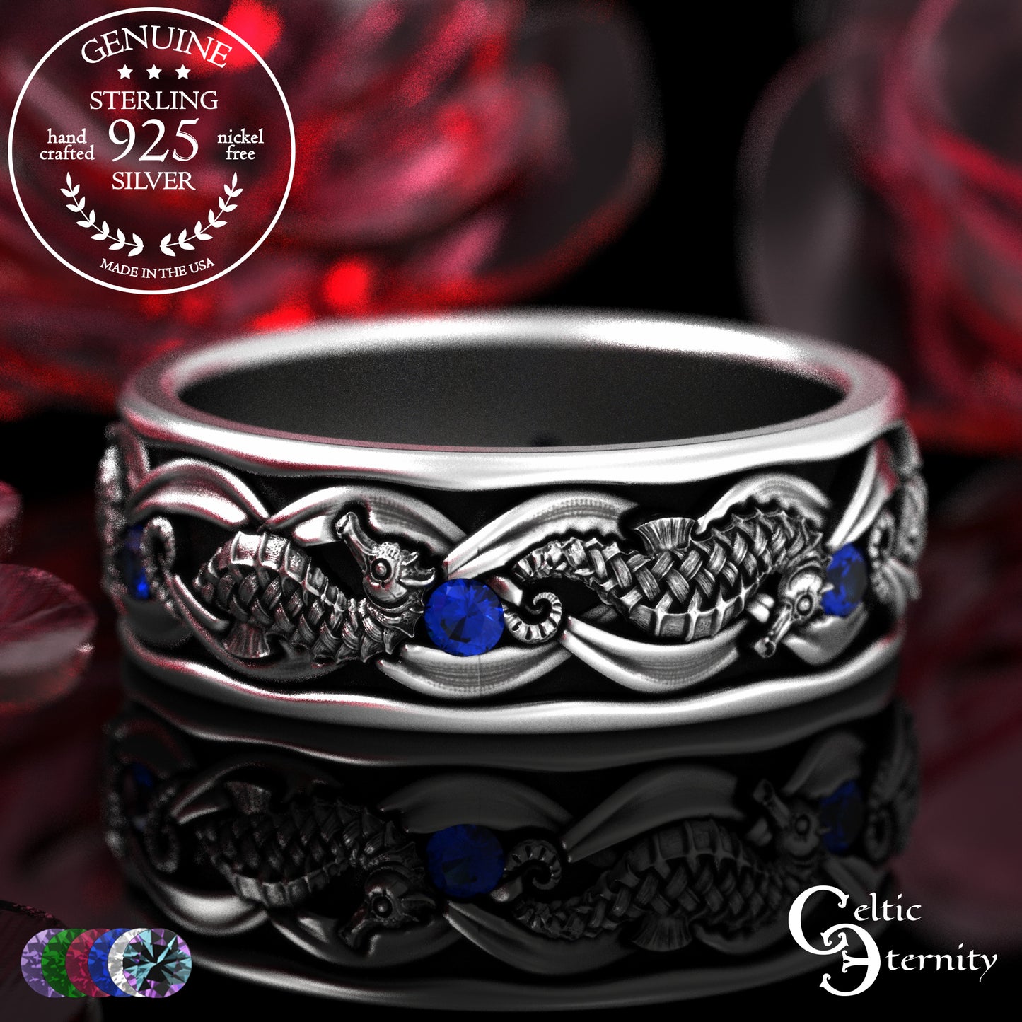 Sterling Men's Seahorse Wedding Band with Sapphire, 2105