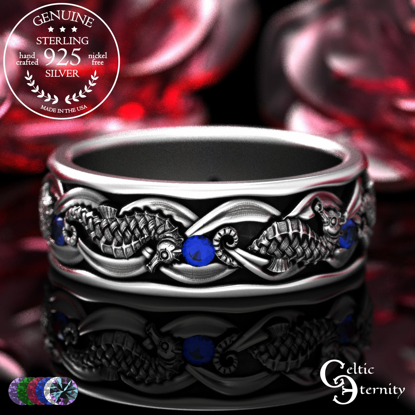 Sterling Men's Seahorse Wedding Band with Sapphire, 2105