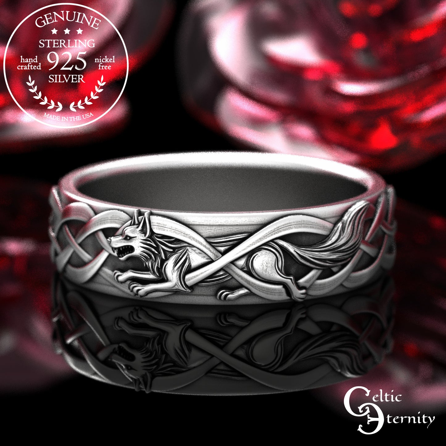Sterling Silver Women's Irish Wolf & Knotwork Wedding Band,2106