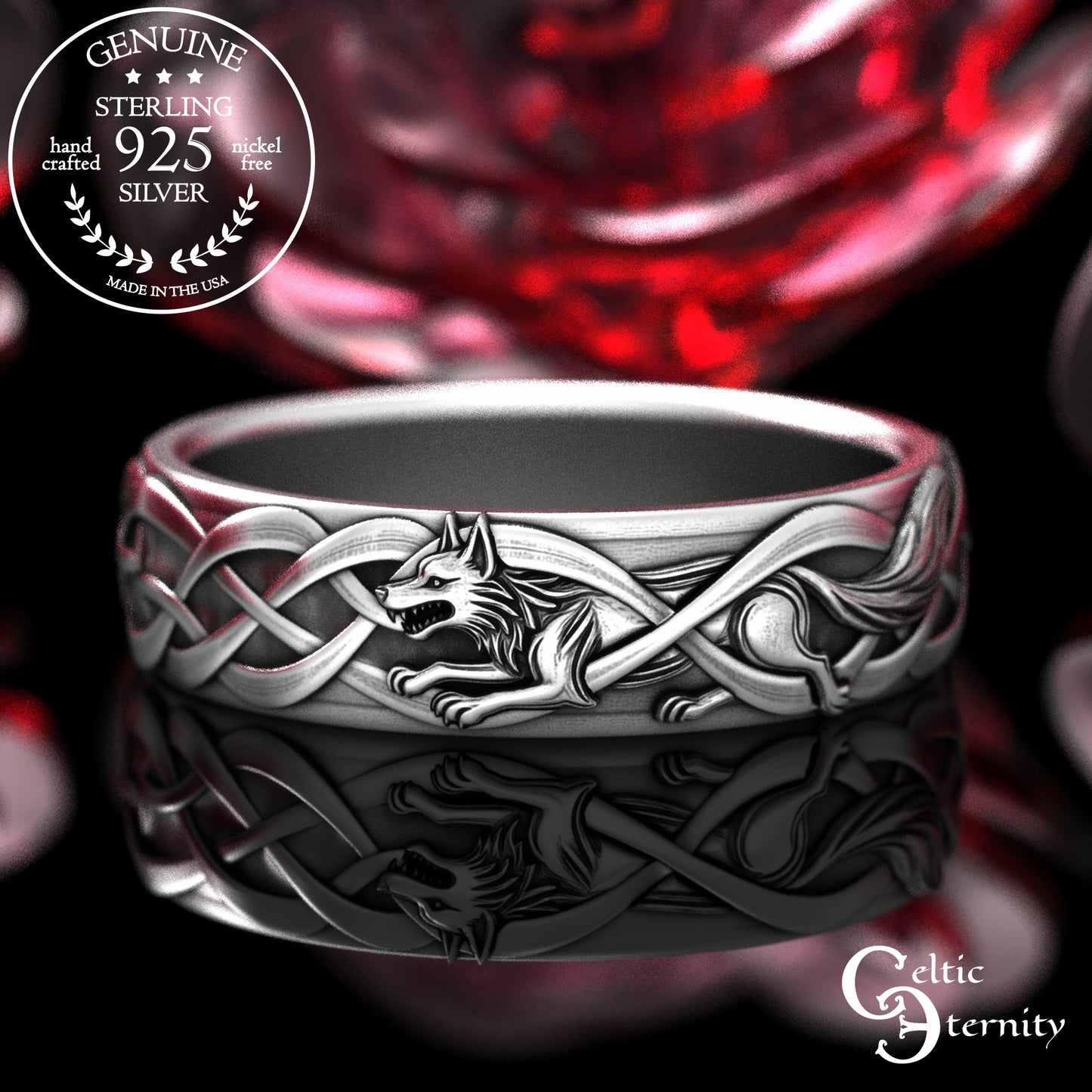Sterling Silver Women's Irish Wolf & Knotwork Wedding Band,2106