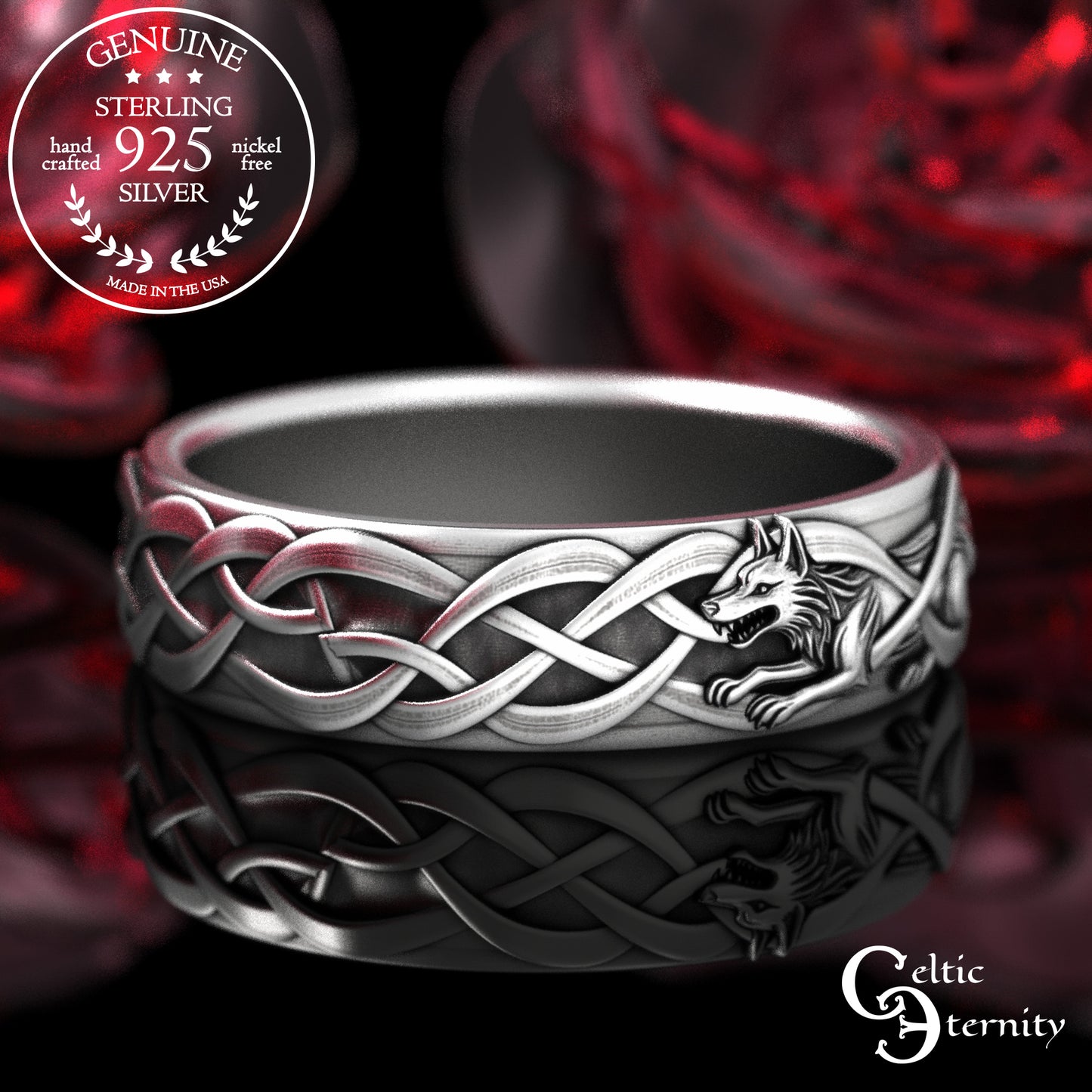 Sterling Silver Women's Irish Wolf & Knotwork Wedding Band,2106
