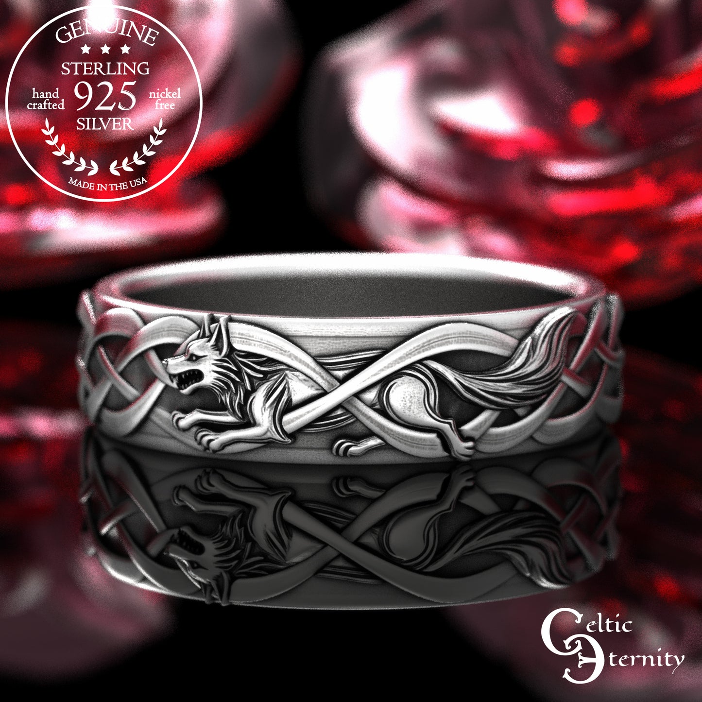 Sterling Silver Women's Irish Wolf & Knotwork Wedding Band,2106