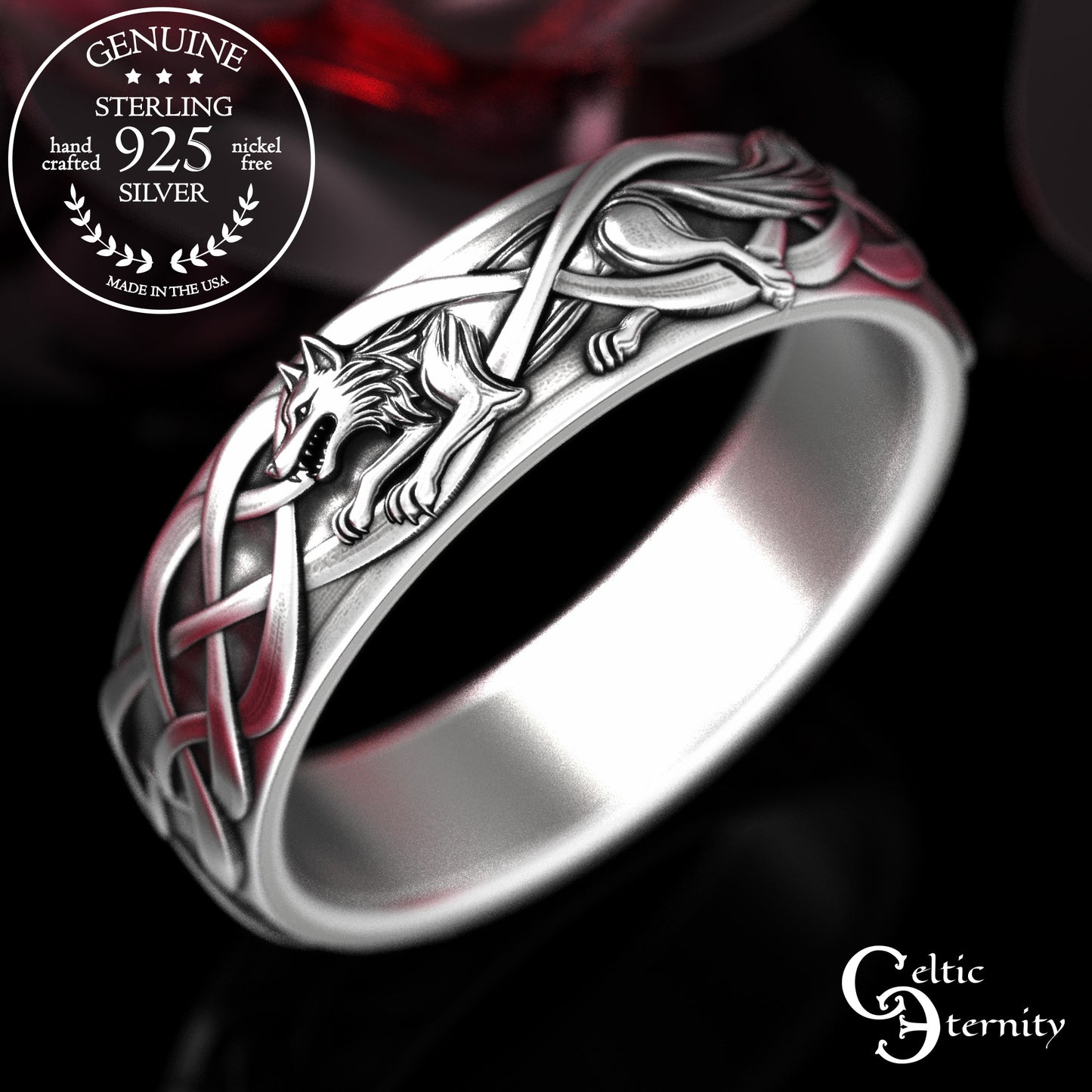 Sterling Silver Women's Irish Wolf & Knotwork Wedding Band,2106