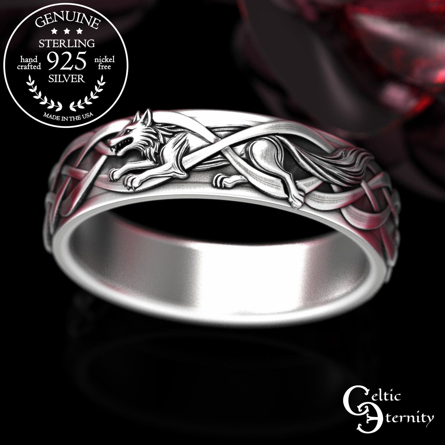 Sterling Silver Women's Irish Wolf & Knotwork Wedding Band,2106