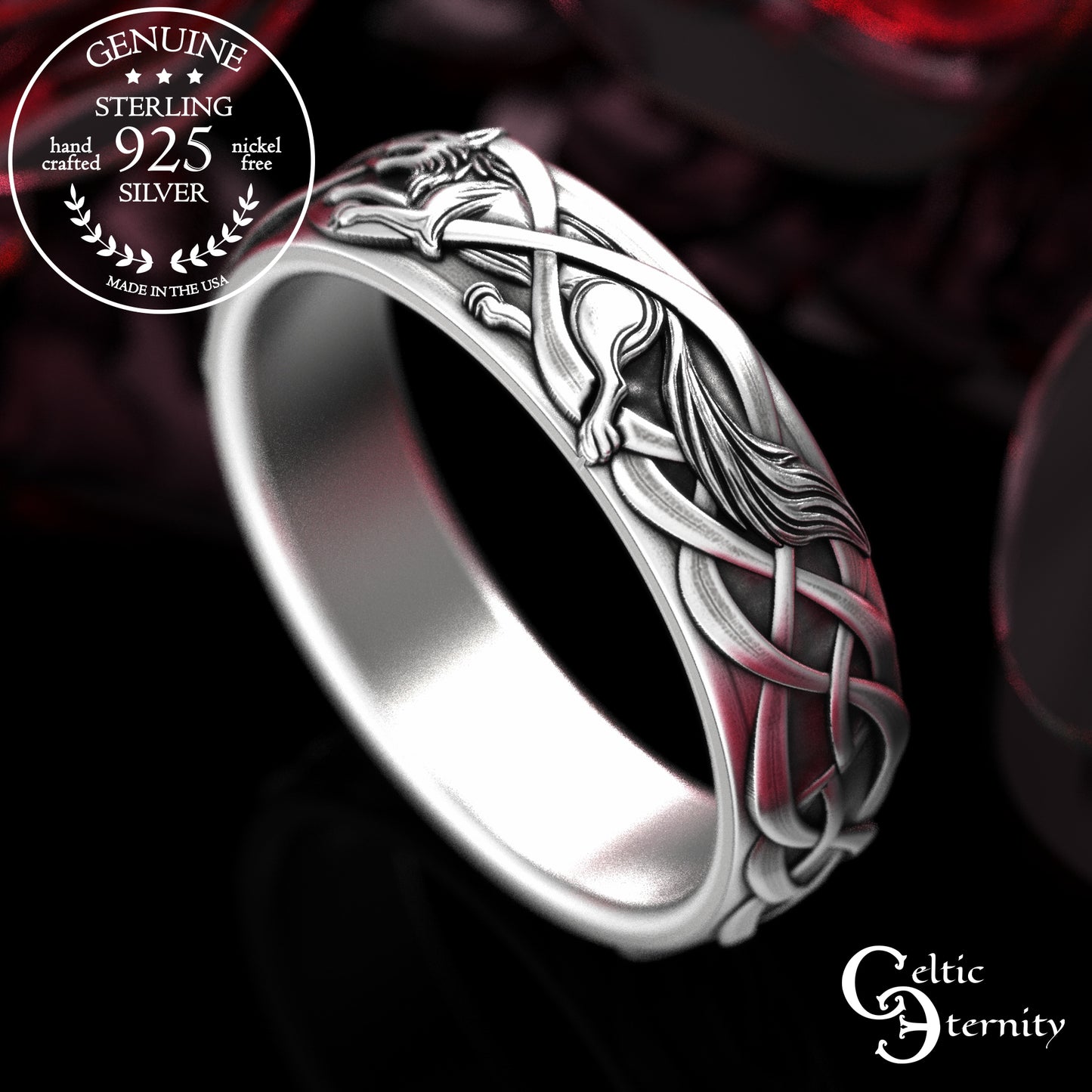 Sterling Silver Women's Irish Wolf & Knotwork Wedding Band,2106