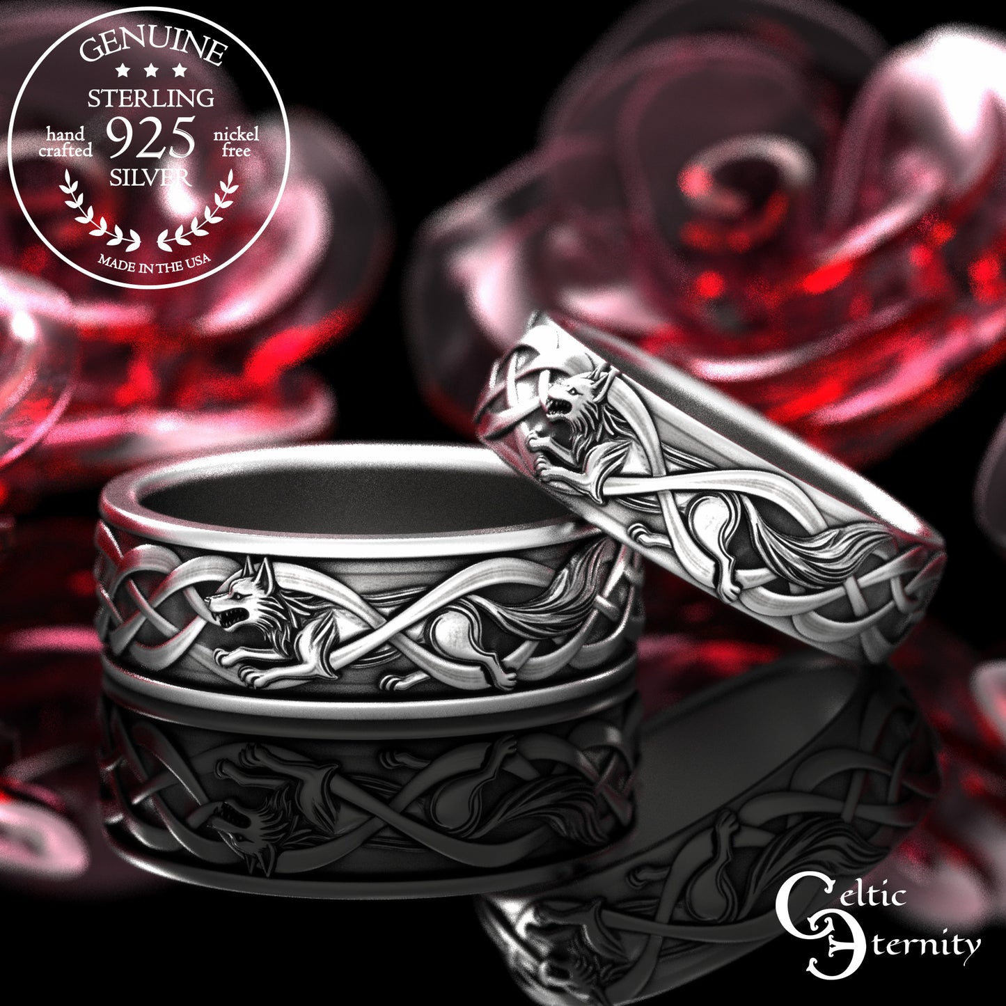 Sterling Bride & Groom Norse Wolves Wedding Band Set, 2106 2111
