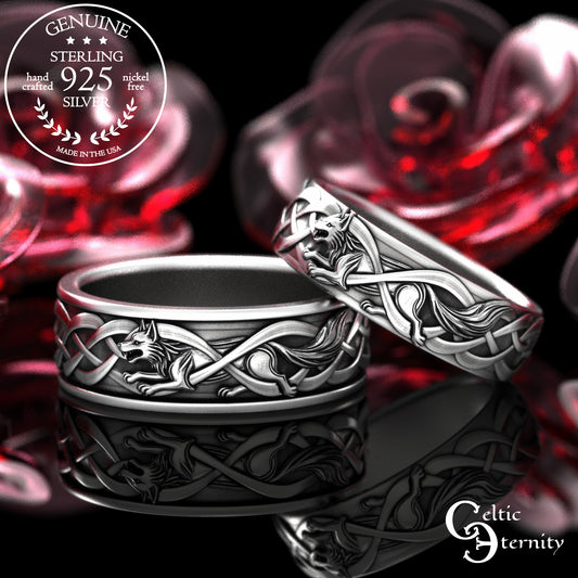 Sterling Bride & Groom Norse Wolves Wedding Band Set, 2106 2111