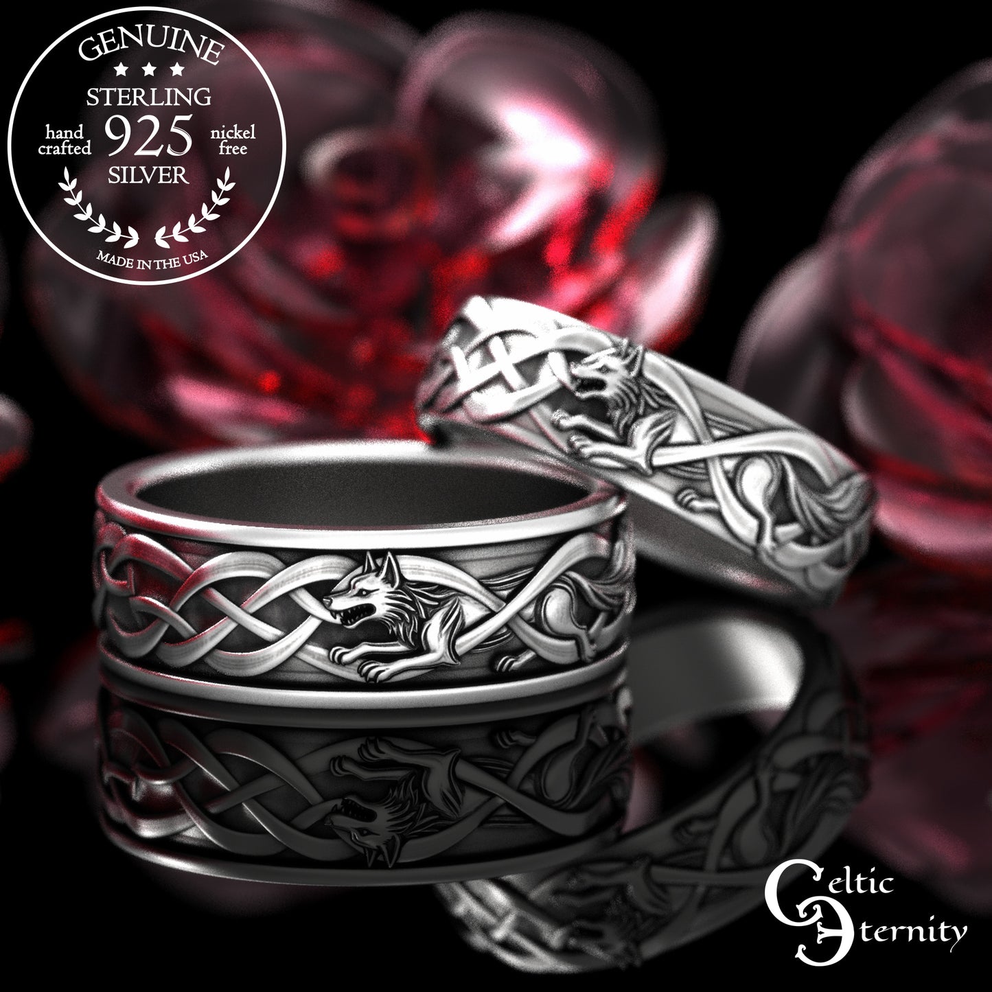 Sterling Bride & Groom Norse Wolves Wedding Band Set, 2106 2111