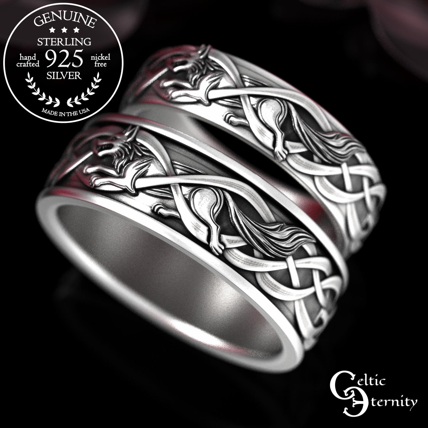 Sterling Bride & Groom Norse Wolves Wedding Band Set, 2106 2111