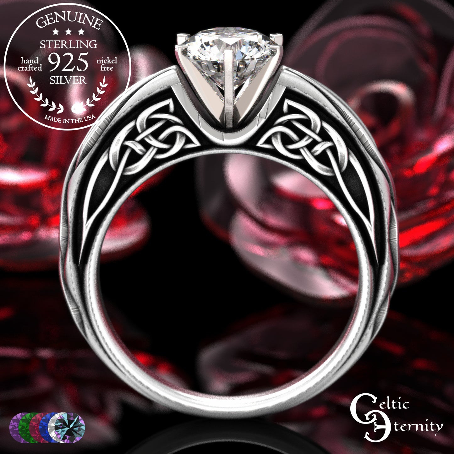 Sterling Celtic Scrollwork Gallery Engagement Ring - Emerald, 2113