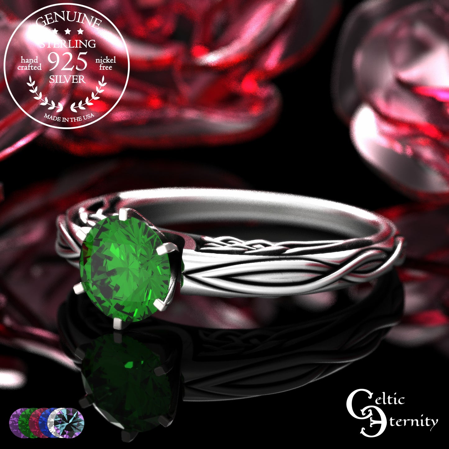Sterling Celtic Scrollwork Gallery Engagement Ring - Emerald, 2113