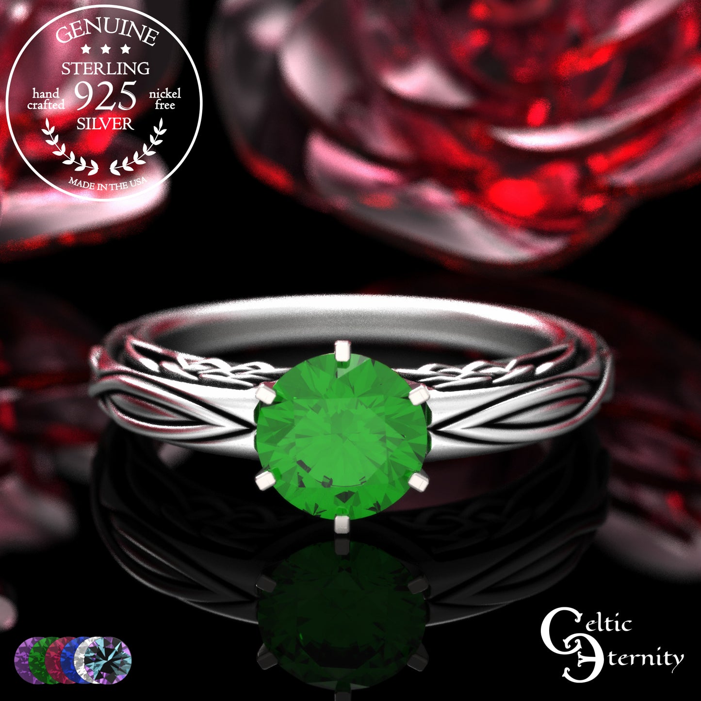 Sterling Celtic Scrollwork Gallery Engagement Ring - Emerald, 2113