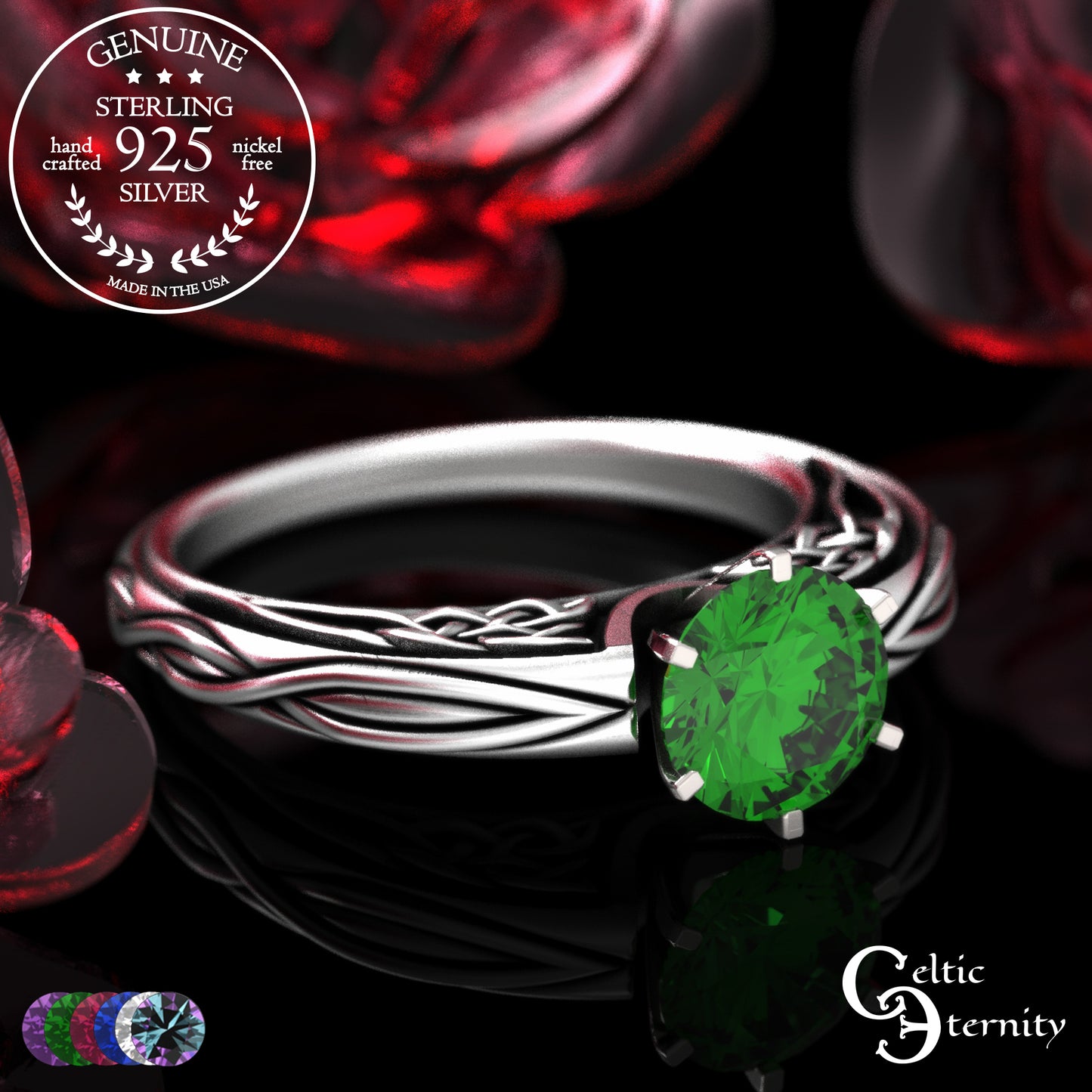 Sterling Celtic Scrollwork Gallery Engagement Ring - Emerald, 2113