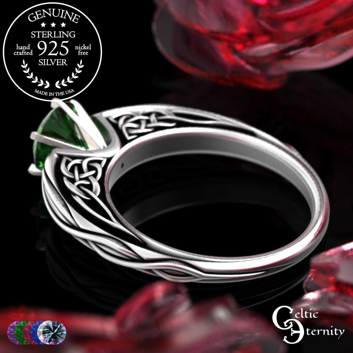 Sterling Celtic Scrollwork Gallery Engagement Ring - Emerald, 2113