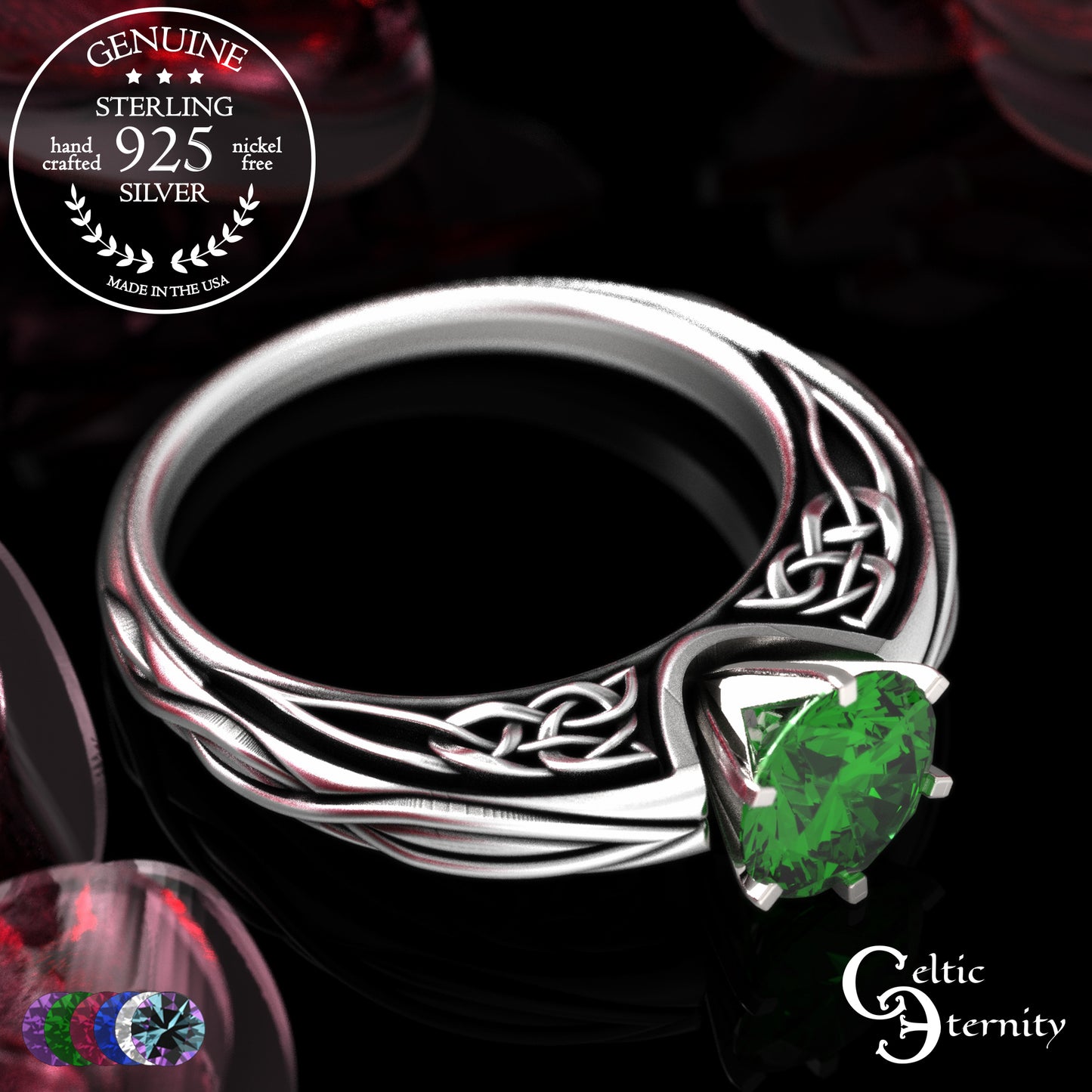 Sterling Celtic Scrollwork Gallery Engagement Ring - Emerald, 2113
